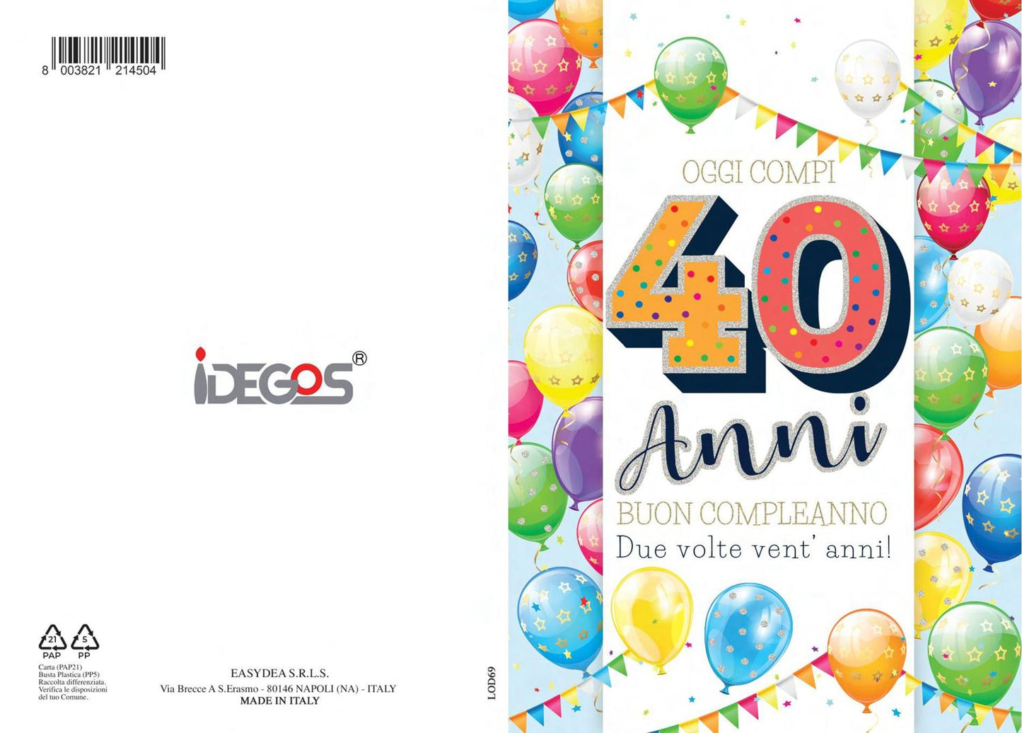 BIGLIETTO COMPLEANNO 40 ANNI C/FOIL OLOGRAFICO