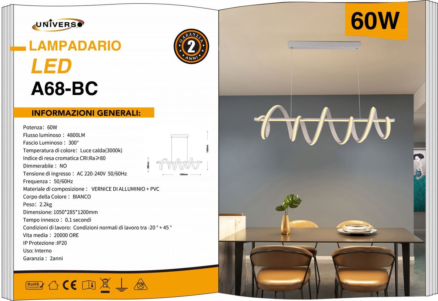 LAMPADARIO DA SOFFITTO/60W/3000K