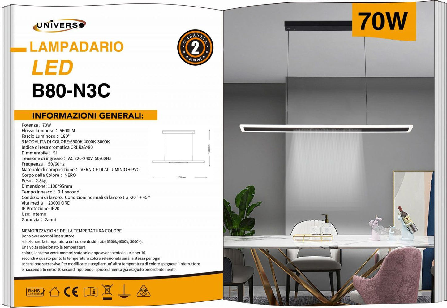 LAMPADARIO DA SOFFITTO/70W/3000K-6500K