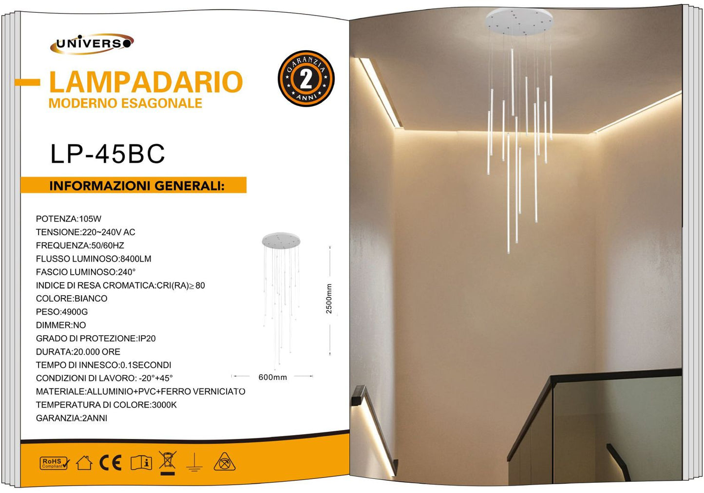 LAMPADARIO DA SOFFITTO/105W/3000K/BIANCO