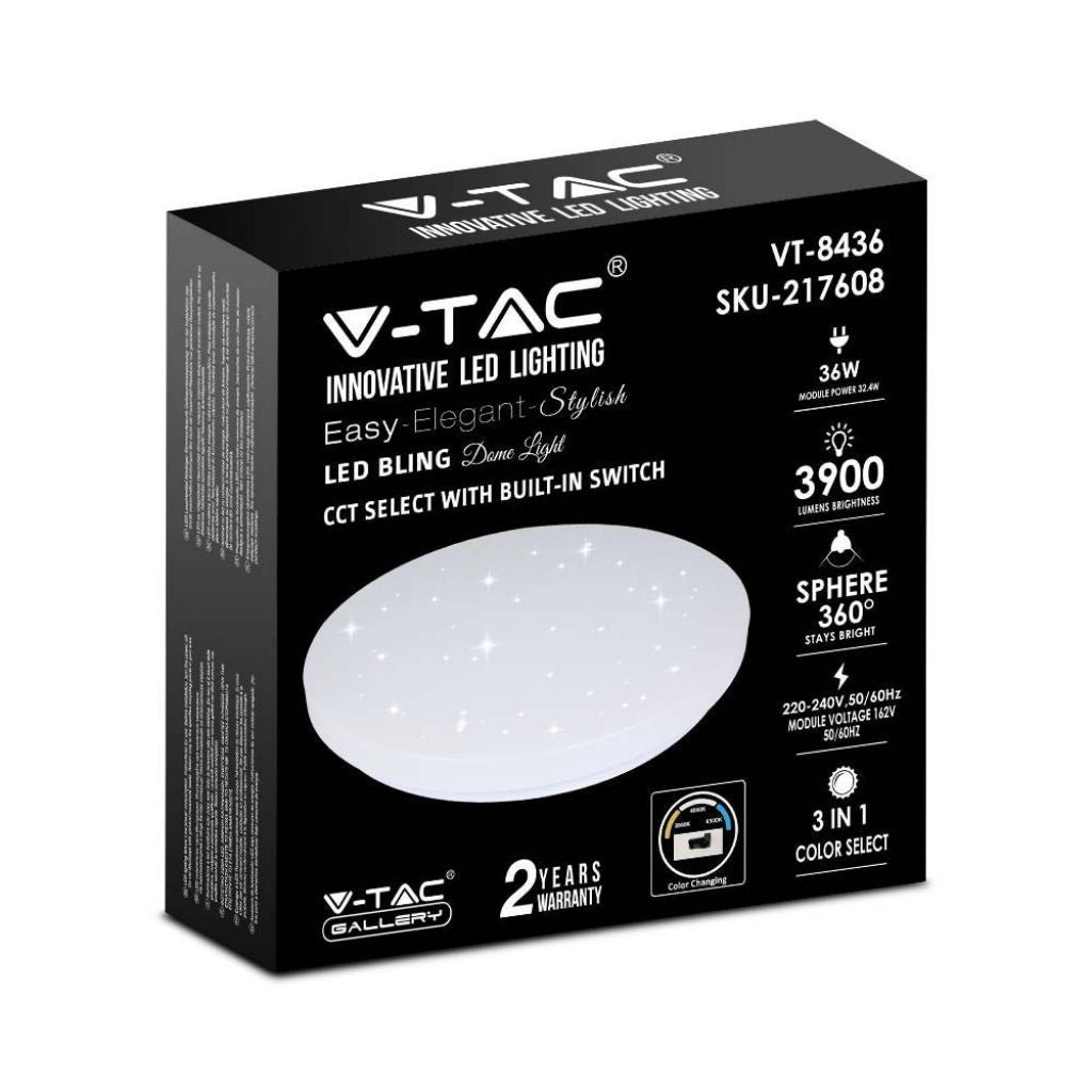V-TAC Plafoniera LED Rotonda 36W con Interruttore Cambia Colore 3 in 1 Effetto Stellato d: 480mm h: 65mm