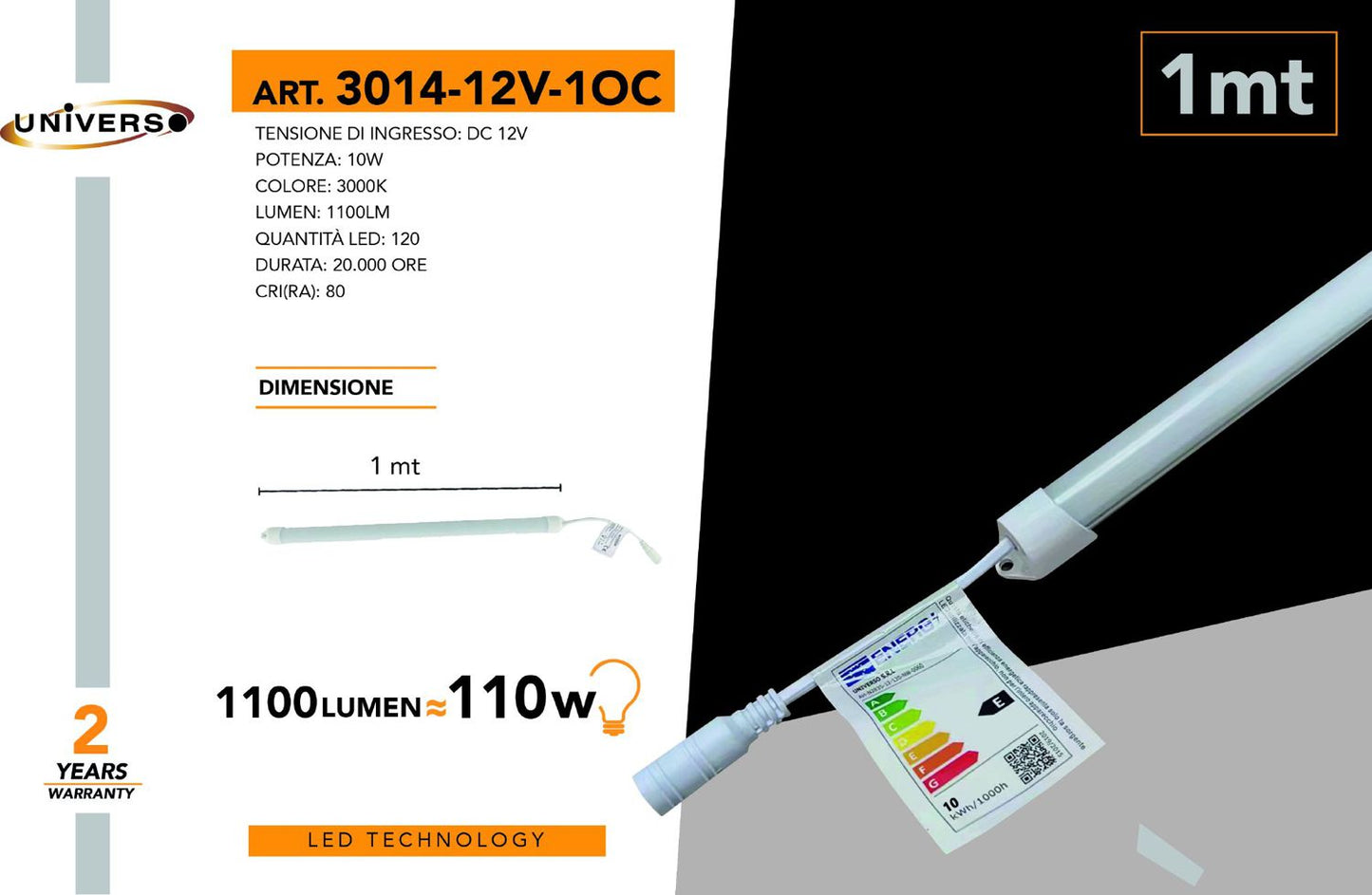 STRISCE LED DA 1METRO/12V/10W/3000K/144D