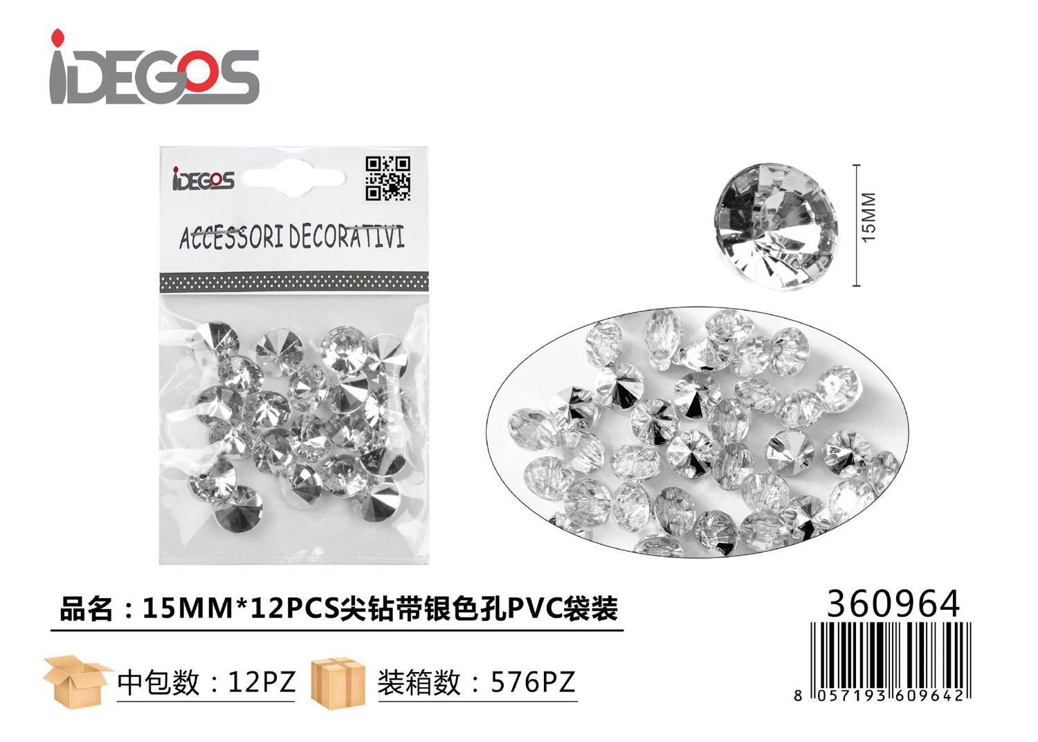 ACC/DECORAZIONE DI STRASS AREGENTO 15MM 12PZ