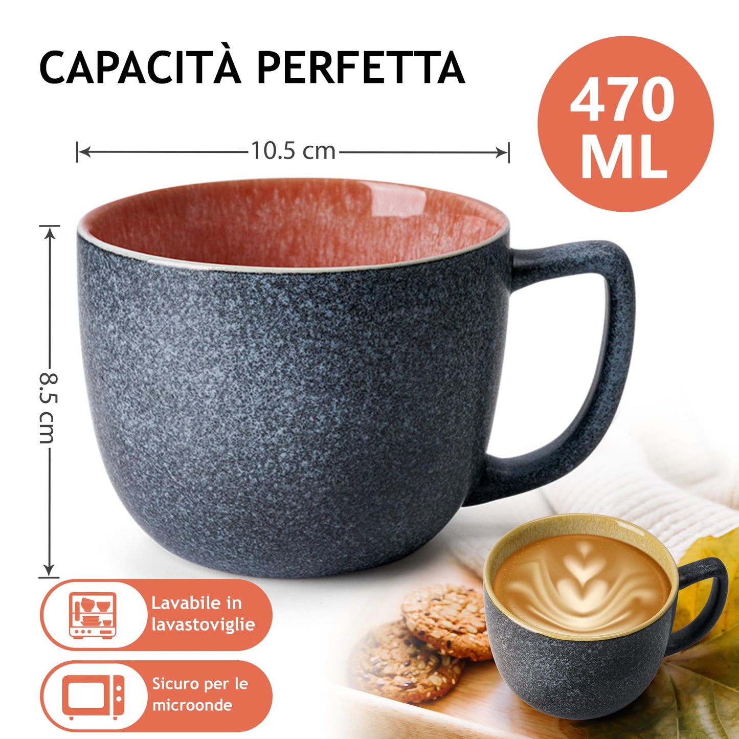 MIAMIO - 6 tazze da caffè da 470 ml/set di tazze/tazza da caffè grande/tazze da caffè moderne in gres - Collezione Las Palmitas Set di 6