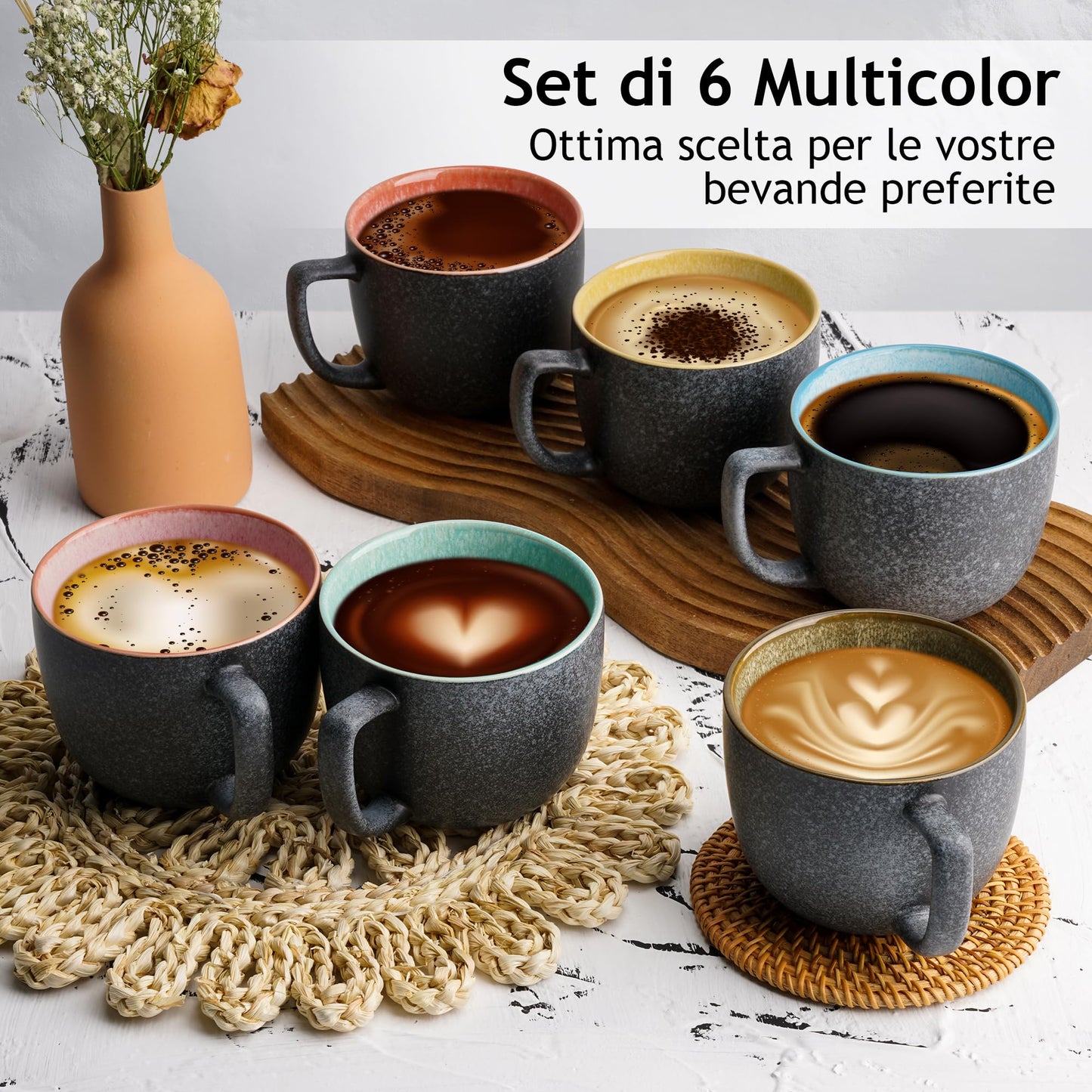 MIAMIO - 6 tazze da caffè da 470 ml/set di tazze/tazza da caffè grande/tazze da caffè moderne in gres - Collezione Las Palmitas Set di 6