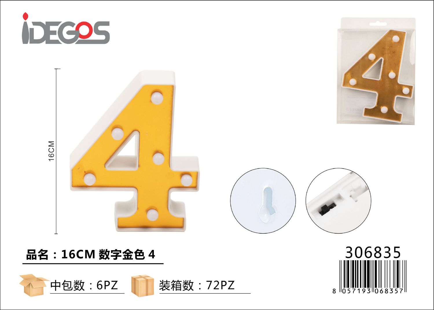 NUMERO DI LUCE LED 4 ORO 16CM