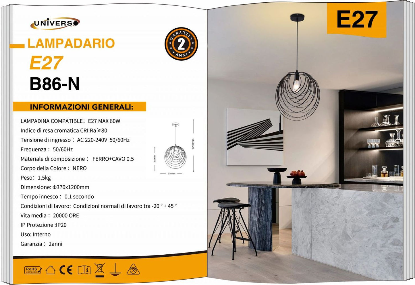 LAMPADARIO DA SOFFITTO/1XE27