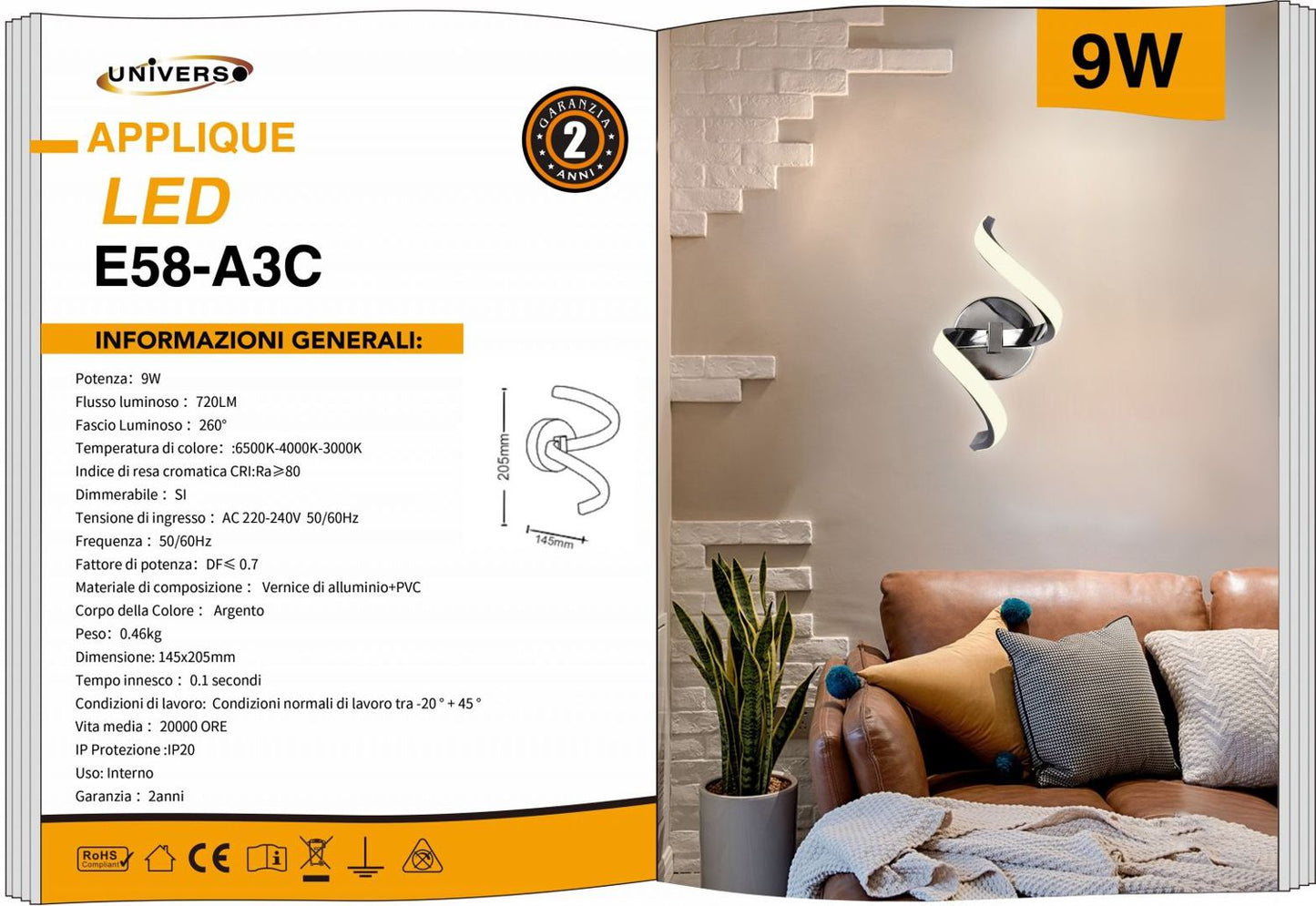 APPLIQUE DA MURO/9W/3000K-6500K/ARGENTO