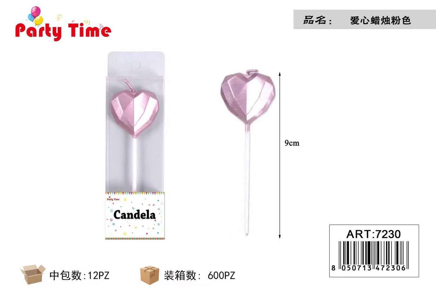 *CANDELA CUORE ROSA 9CM 1PZ