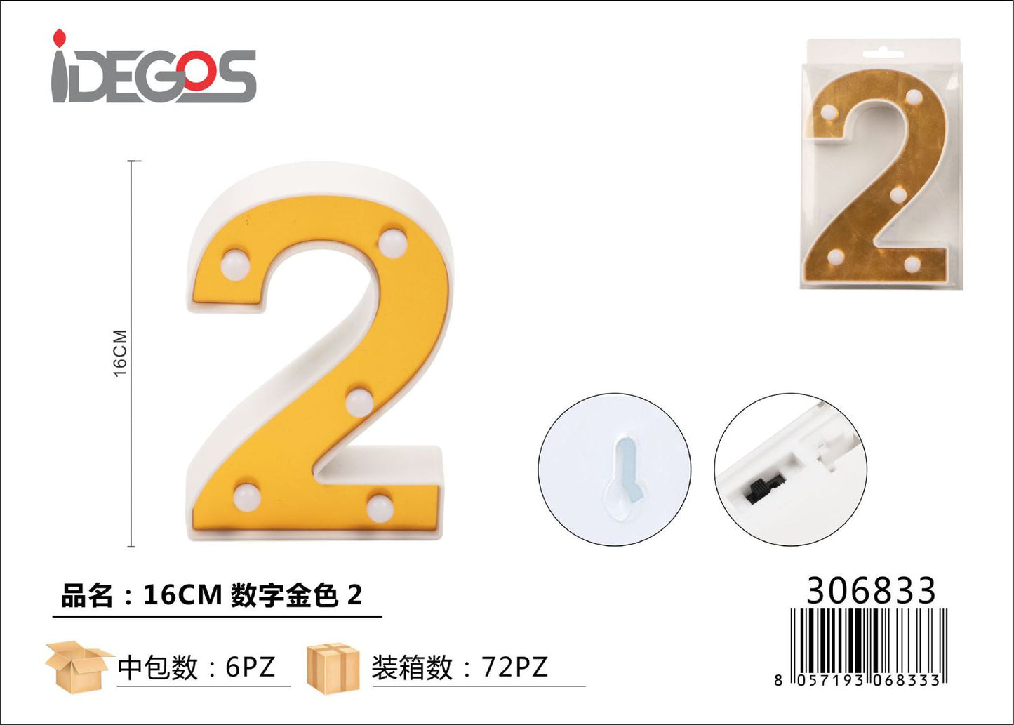 NUMERO DI LUCE LED 2 ORO 16CM