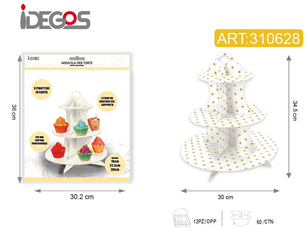 ACCESSORI FESTA MENSOLA PER TORTA A TRE PIANNI BIANCO CON PUNTINI ORO