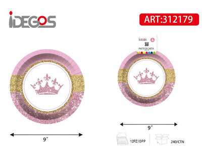 PIATTI DI CARTA ROTONDO 9P CORONA ROSA