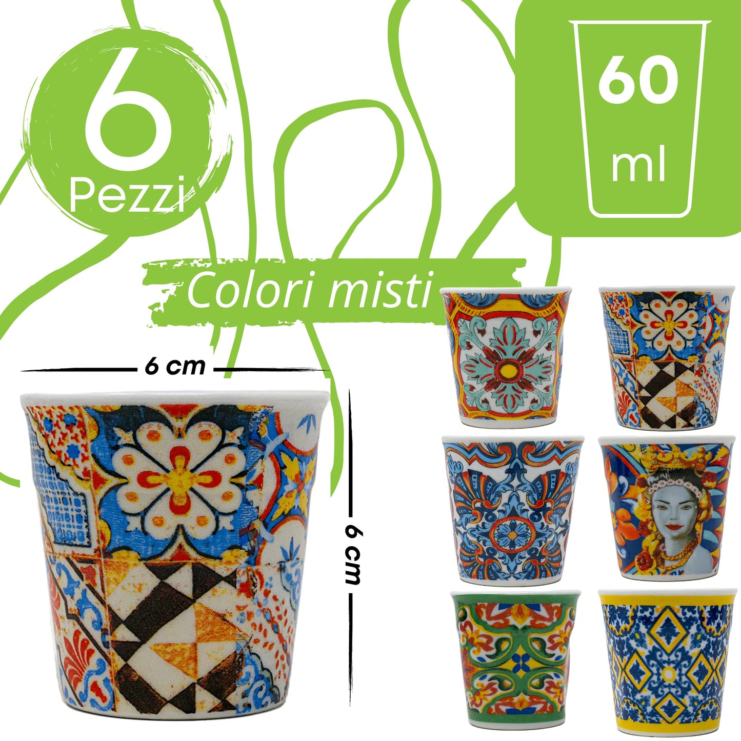 Set 6 Tazzine Caffe Particolari - Realizzate In Porcellana - Adatto Alla Lavastoviglie e Microonde - Multicolore e Moderne - 6cm x 6cm - Tazzine Caffe Moderne - Idea Regalo - Tazzine Caffe Colorate