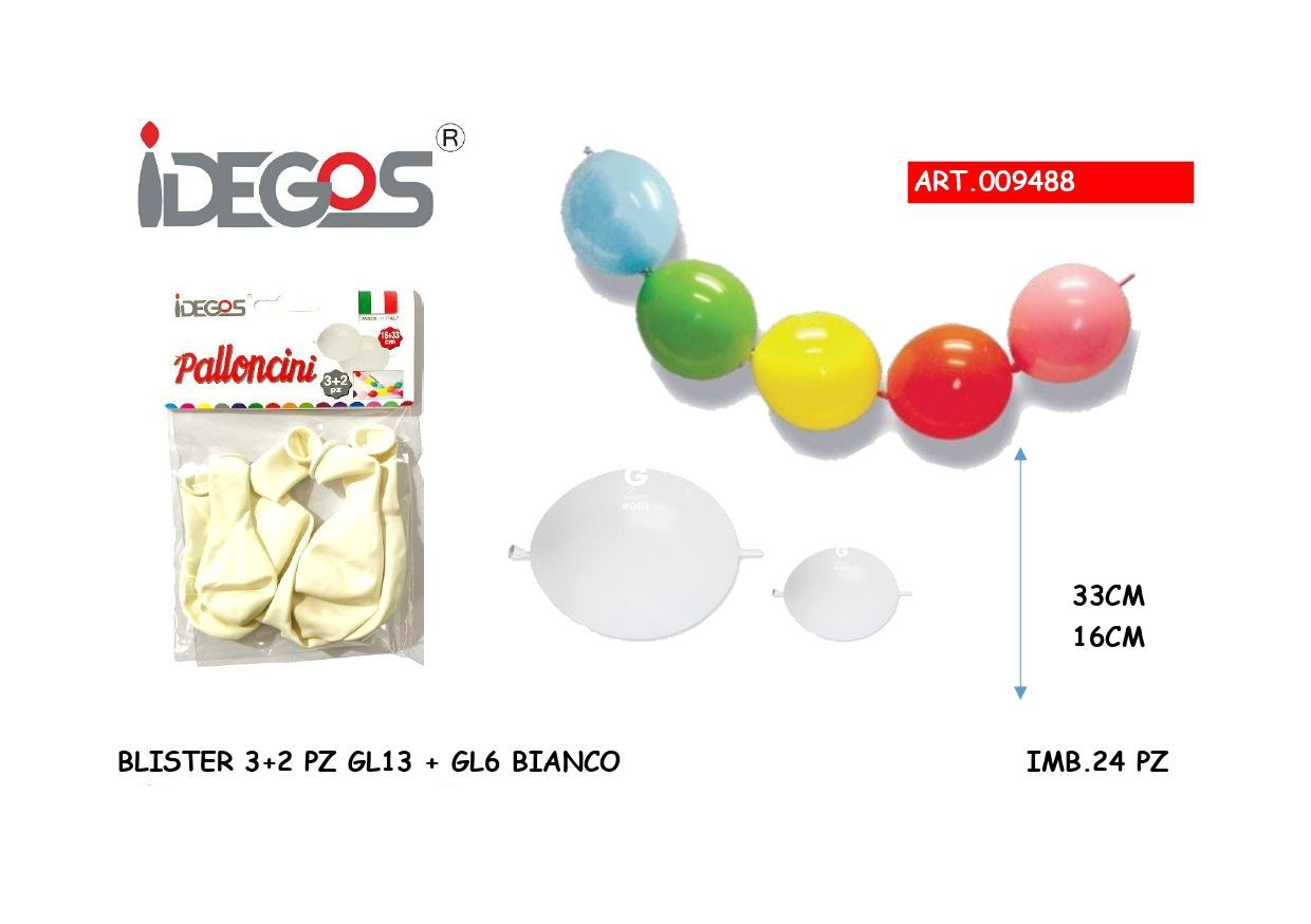 BLISTER DI PALLONCINI IN LATTICE A CODA 5 PZ BIANCO