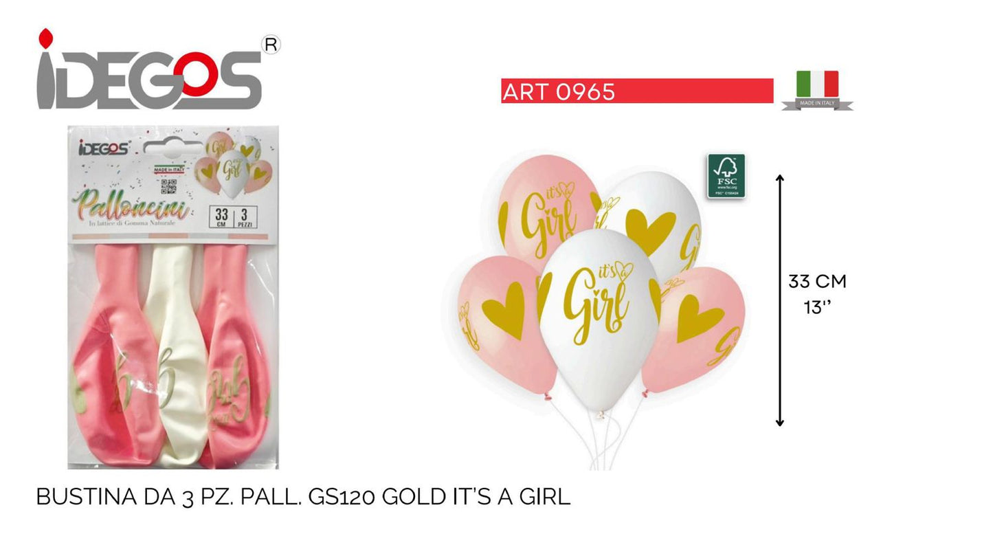 BUSTE PALLONCINI GOMMA GS120 GOLD IT S A GIRL ROSA BABY 3PZ