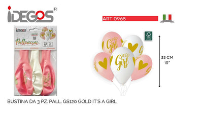 BUSTE PALLONCINI GOMMA GS120 GOLD IT S A GIRL ROSA BABY 3PZ