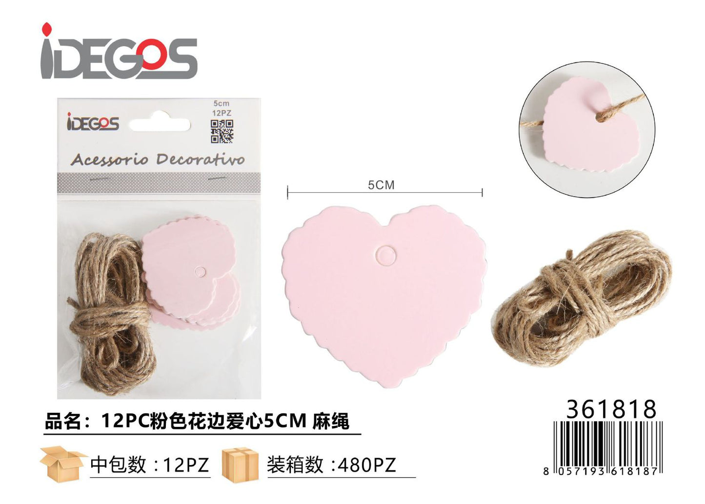 ETICHETTE IN CARTA ROSA CUORE 5CM CON FILO JUTA