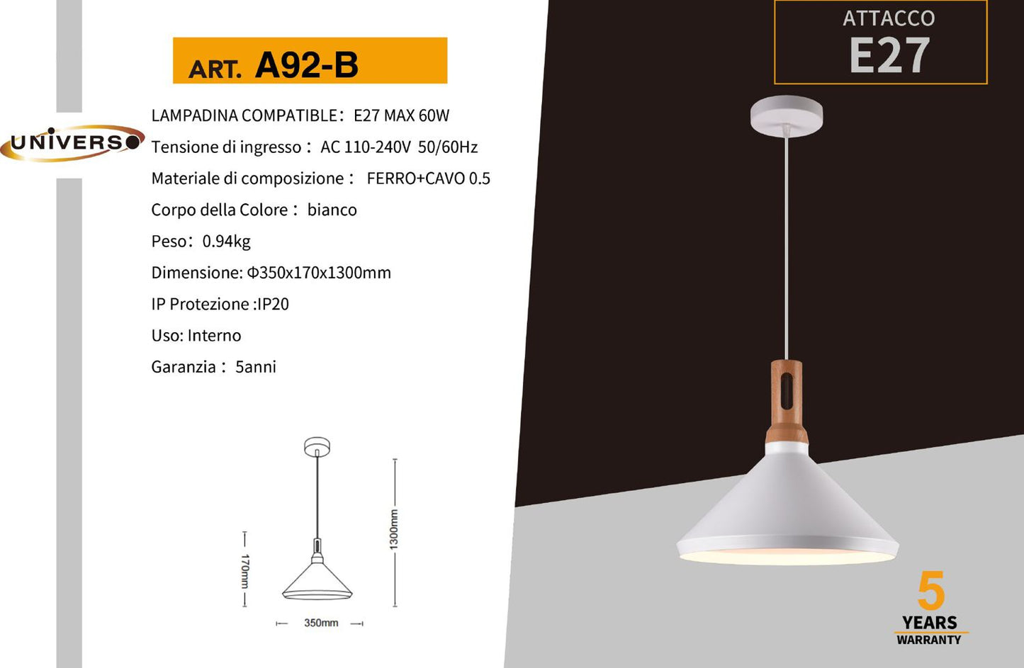 LAMPADARIO DA SOFFITTO/1XE27