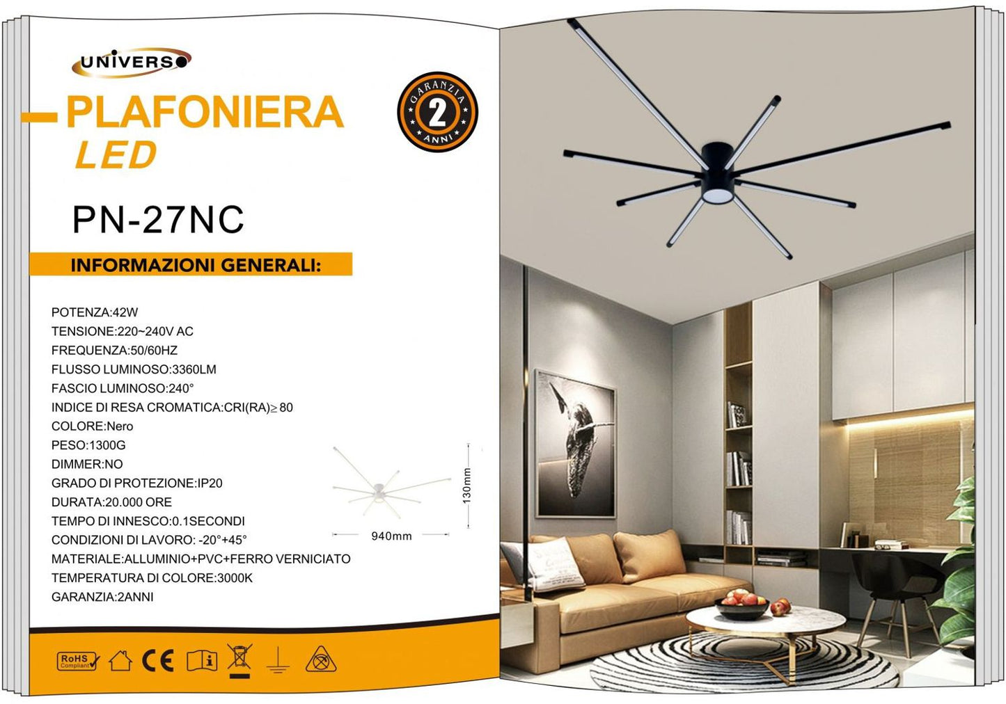 LAMPADARIO DA SOFFITTO/42W/3000K/NERO