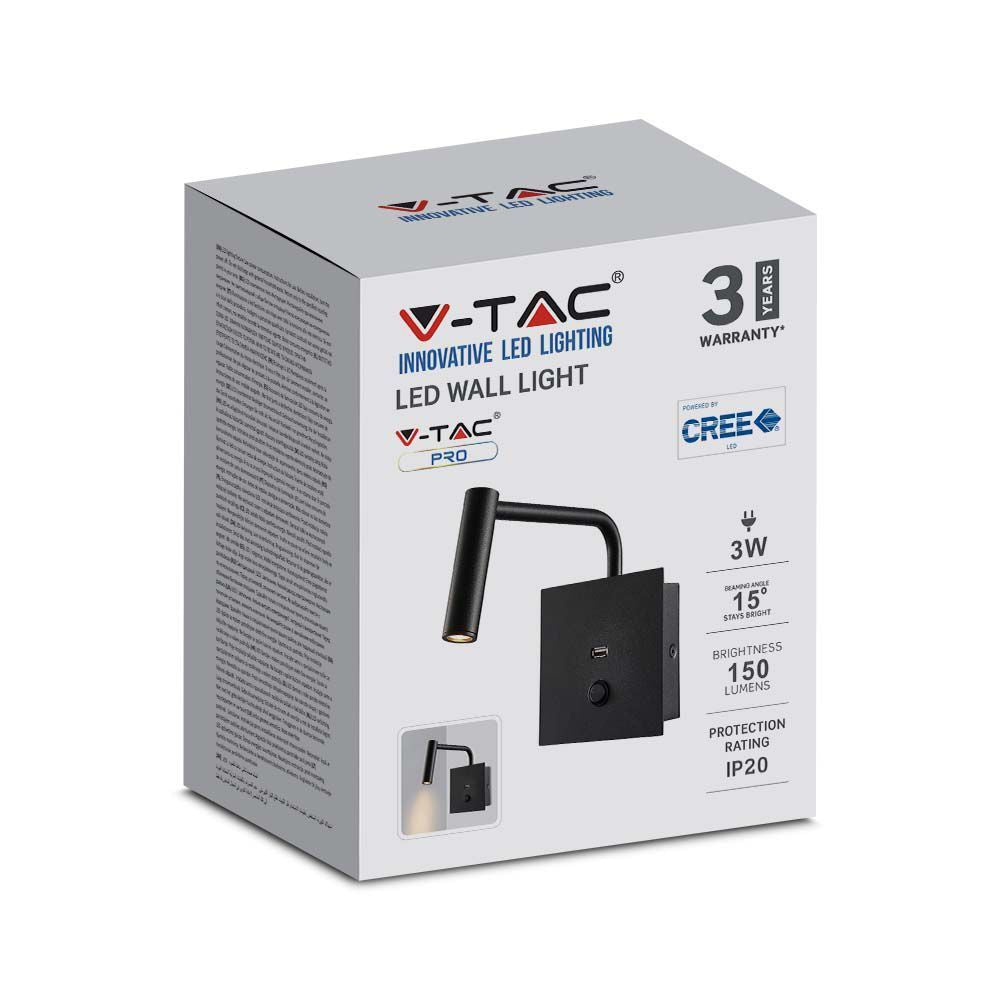 V-TAC Applique da Hotel per Lettura LED 3W con Interruttore Porta USB Colore Nero 3000K