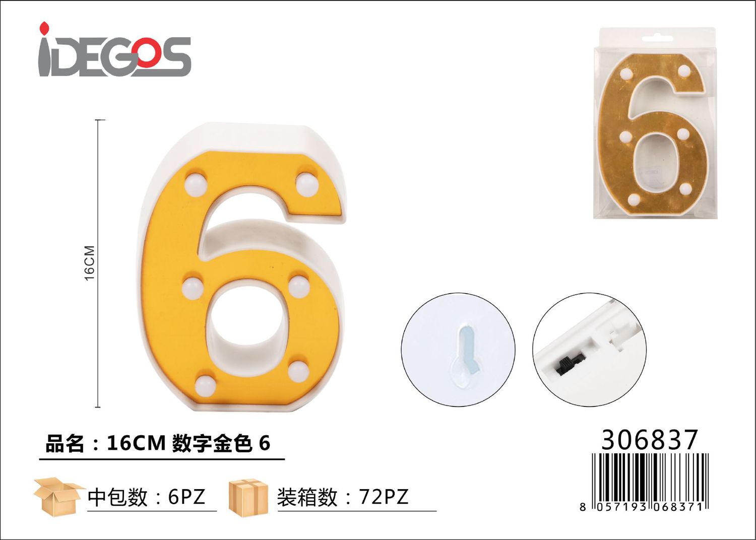 NUMERO DI LUCE LED 6 ORO 16CM