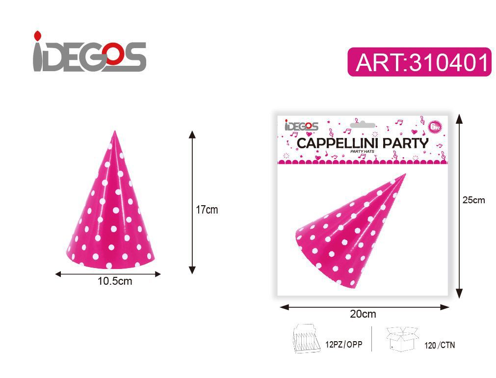 ACCESSORI FESTA CAPPELLO CARTA CON PUNTINI 210G 6PZ 10*16CM MAGENTA