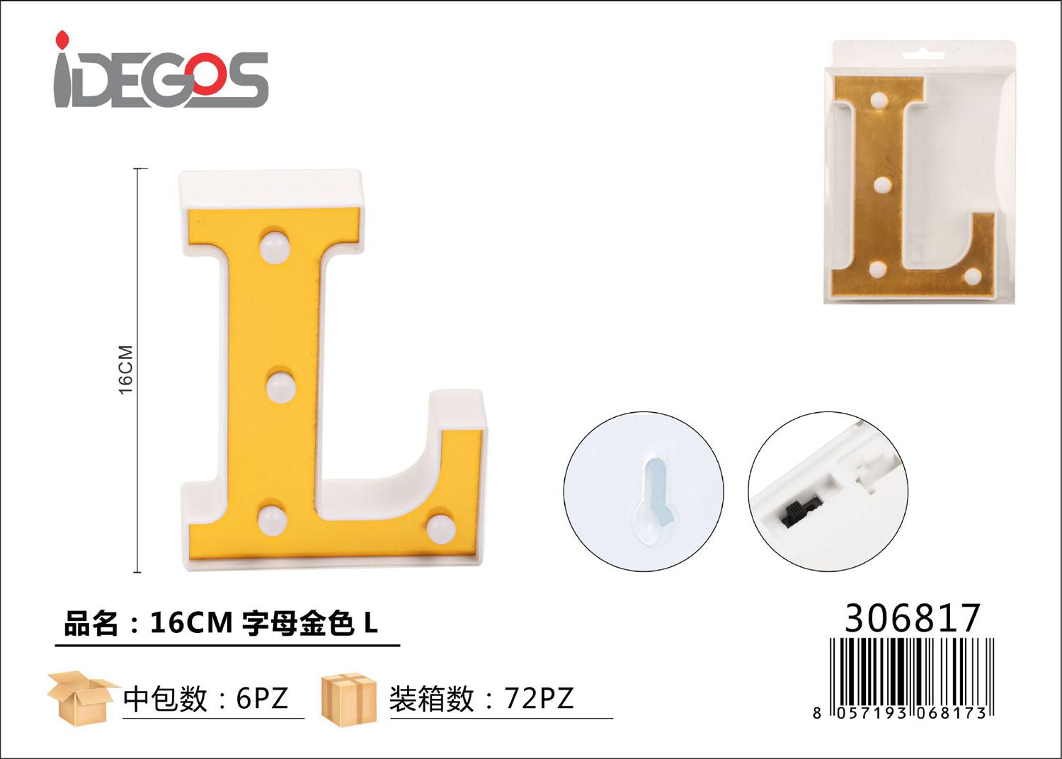 LETTERE CON LUCI LED L 16CM ORO