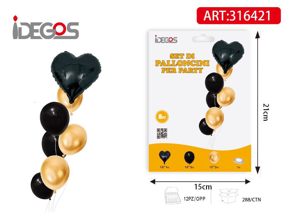 SET DI PALLONCINI ORO NERO 8PZ