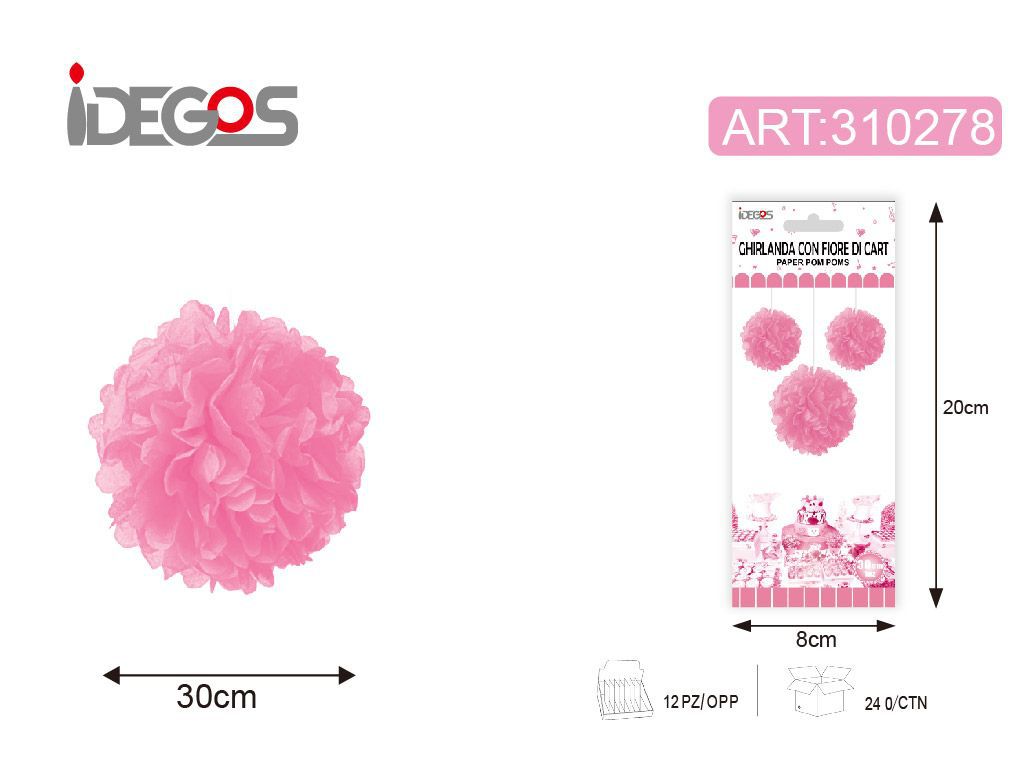 ACCESSORI FESTA GHIRLANDA CON FIORE DI CARTA 30CM 17G 1PZ ROSA