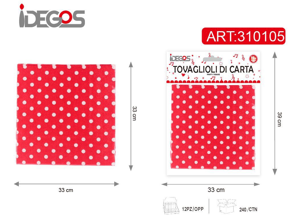 ACCESSORI FESTA TOVAGLIOLI CARTA CON PUNTINI 18G 2 STRATI 33*33CM 10PZ ROSSO