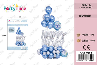 *set di palloncino 'baby boy happy b.day' blu e argento