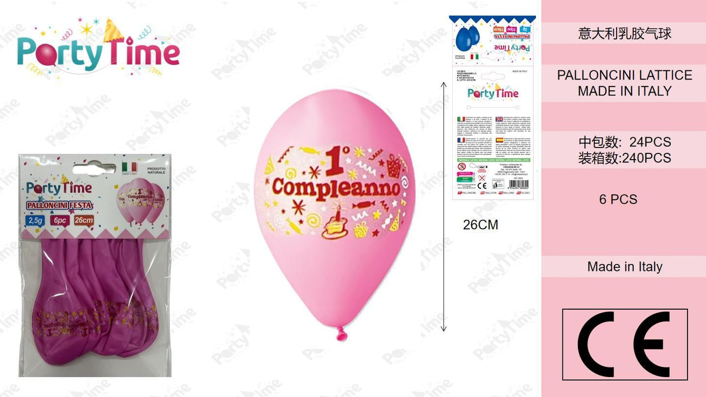 * BUSTE PALLONCINI GOMMA  GD90 1° COMPLEANNO ROSA 6 PZ