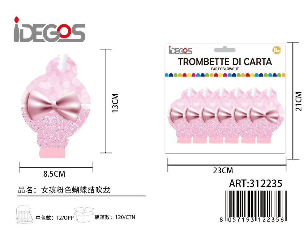 TROMBETTA CARTA LINGUA LUNGO ROSA FIOCCO 6PZ