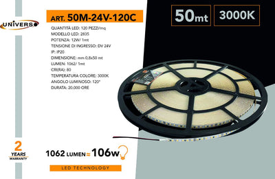 STRISCE LED/2835/120D/24V/3000K/24V/50M