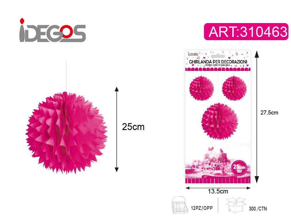 ACCESSORI FESTA SFERA DI CARTA TONDO SPINOSO MAGENTA 25CM 30G SOTTILE