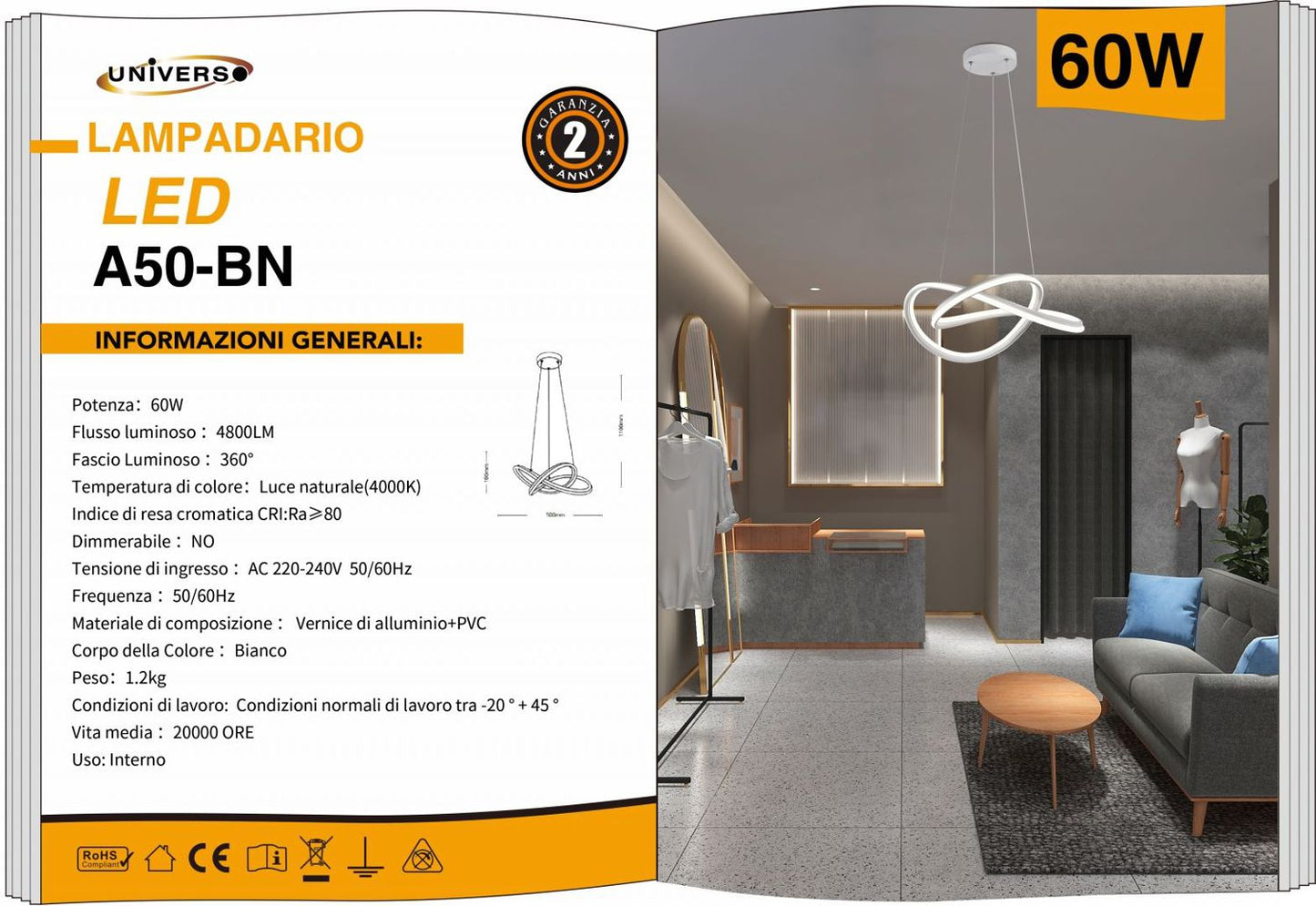 LAMPADARIO DA SOFFITTO/60W 4000K