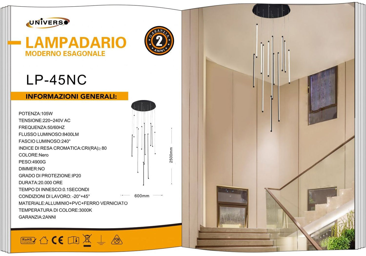 LAMPADARIO DA SOFFITTO/105W/3000K/NERO