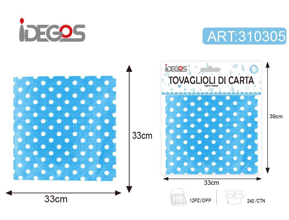 ACCESSORI FESTA TOVAGLIOLI CARTA CON PUNTINI 18G 2 STRATI 33*33CM 10PZ AZZURRO