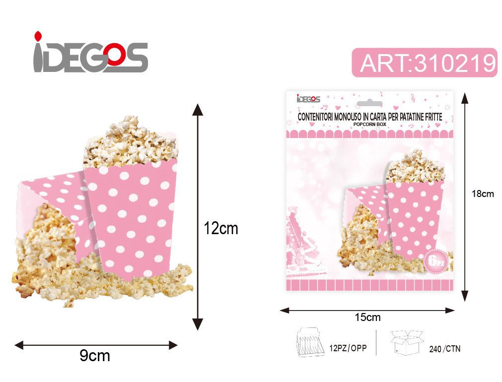 ACCESSORI FESTA CONTENITORI IN CARTA PER POPCORNO CON PUNTINI 6PZ ROSA