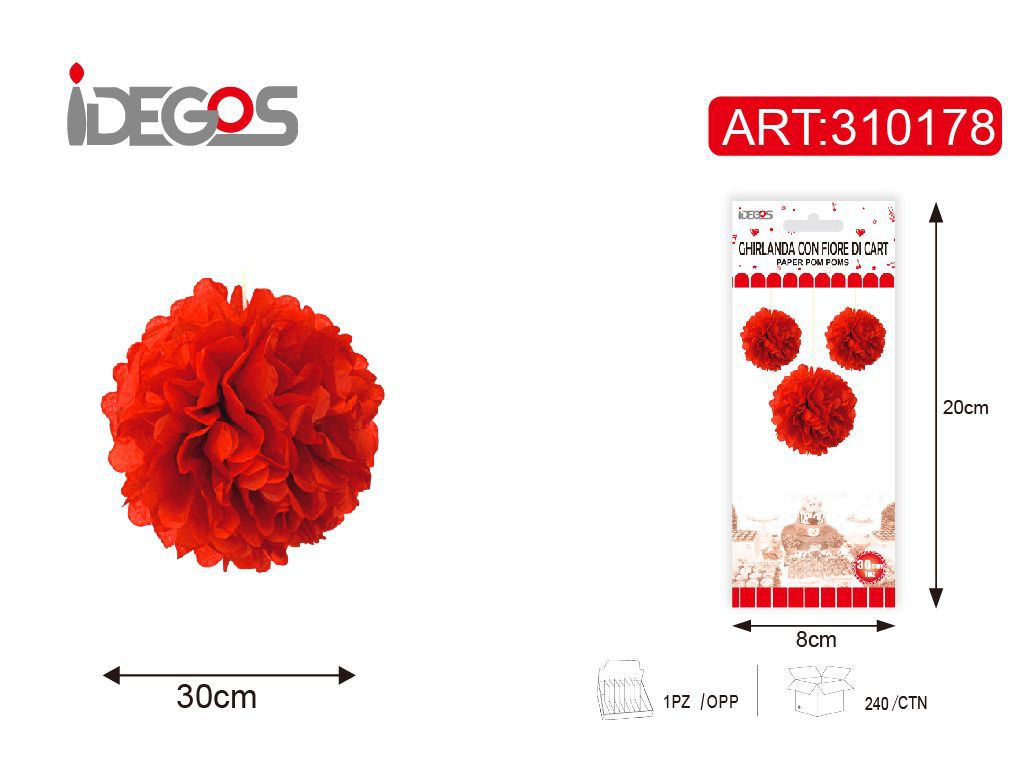 ACCESSORI FESTA GHIRLANDA CON FIORE DI CARTA 30CM 17G 1PZ ROSSO