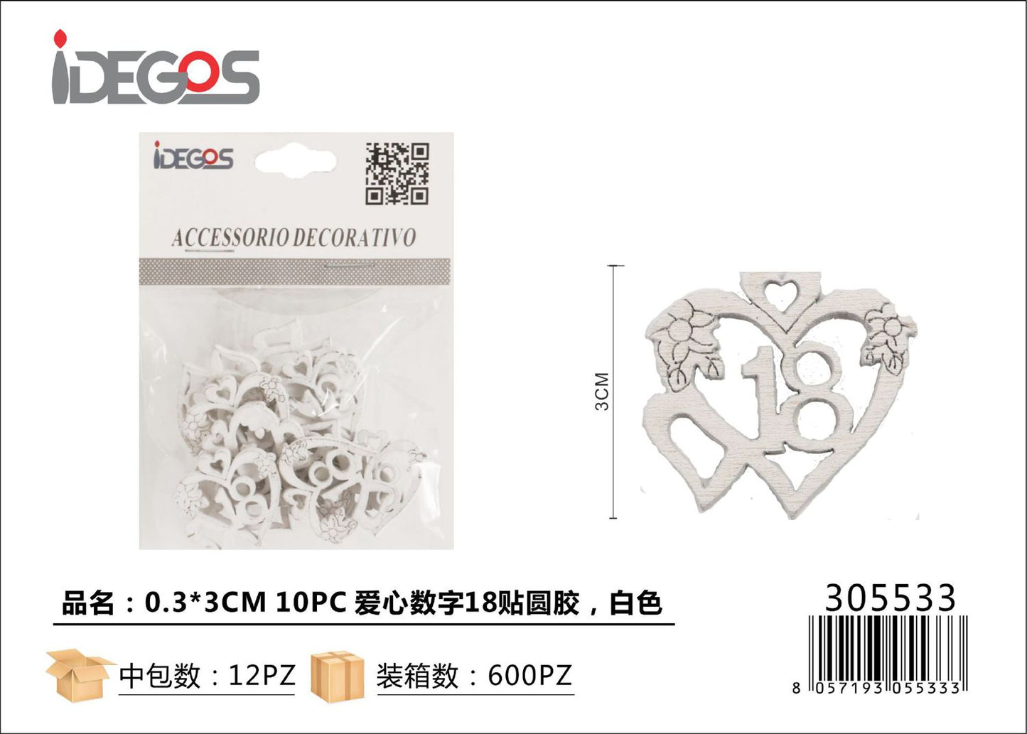 DECORA/LEGNO CUORE N18 BIANCO CON ADESIVO 3CM 10PZ