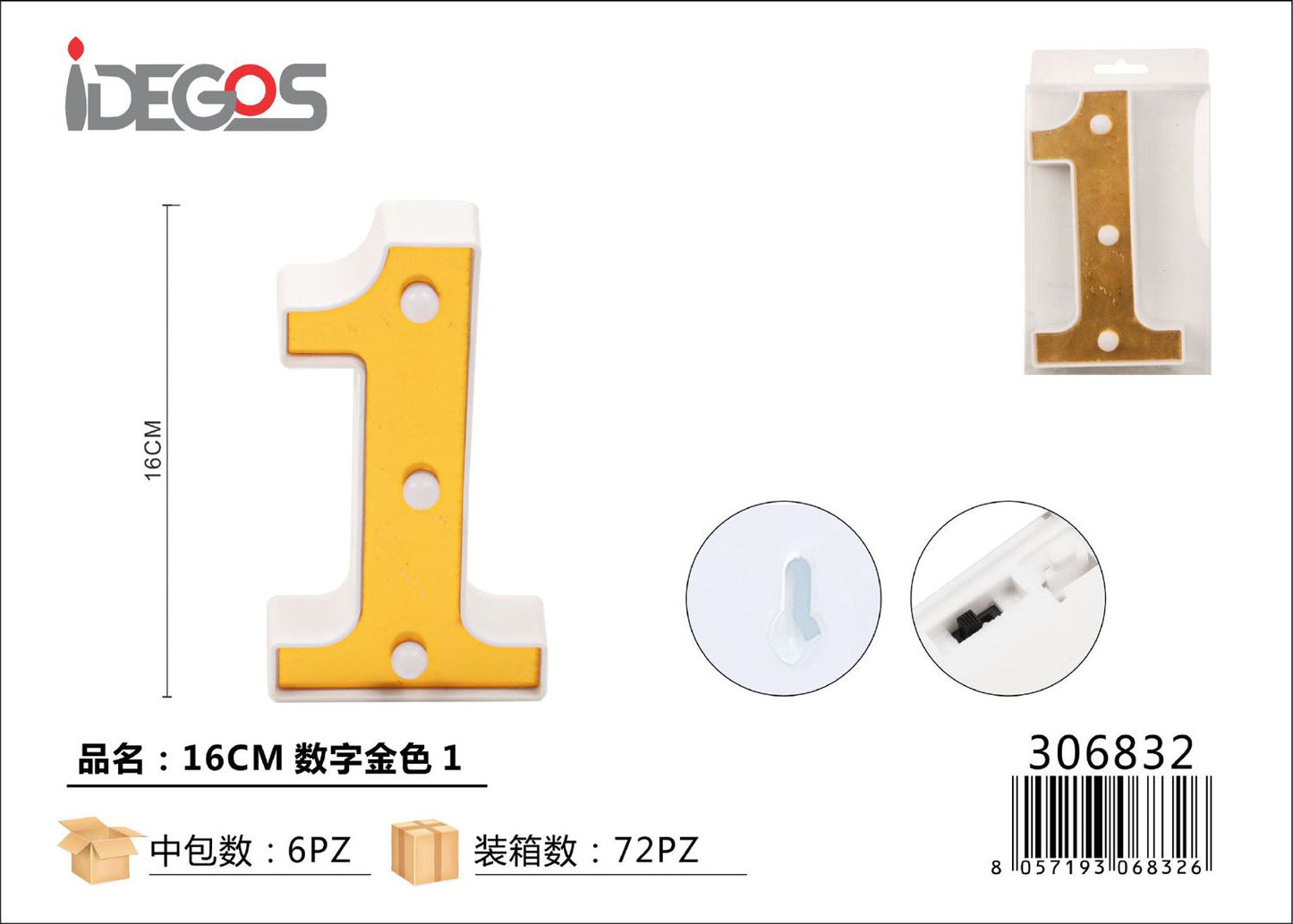 NUMERO DI LUCE LED 1 ORO 16CM