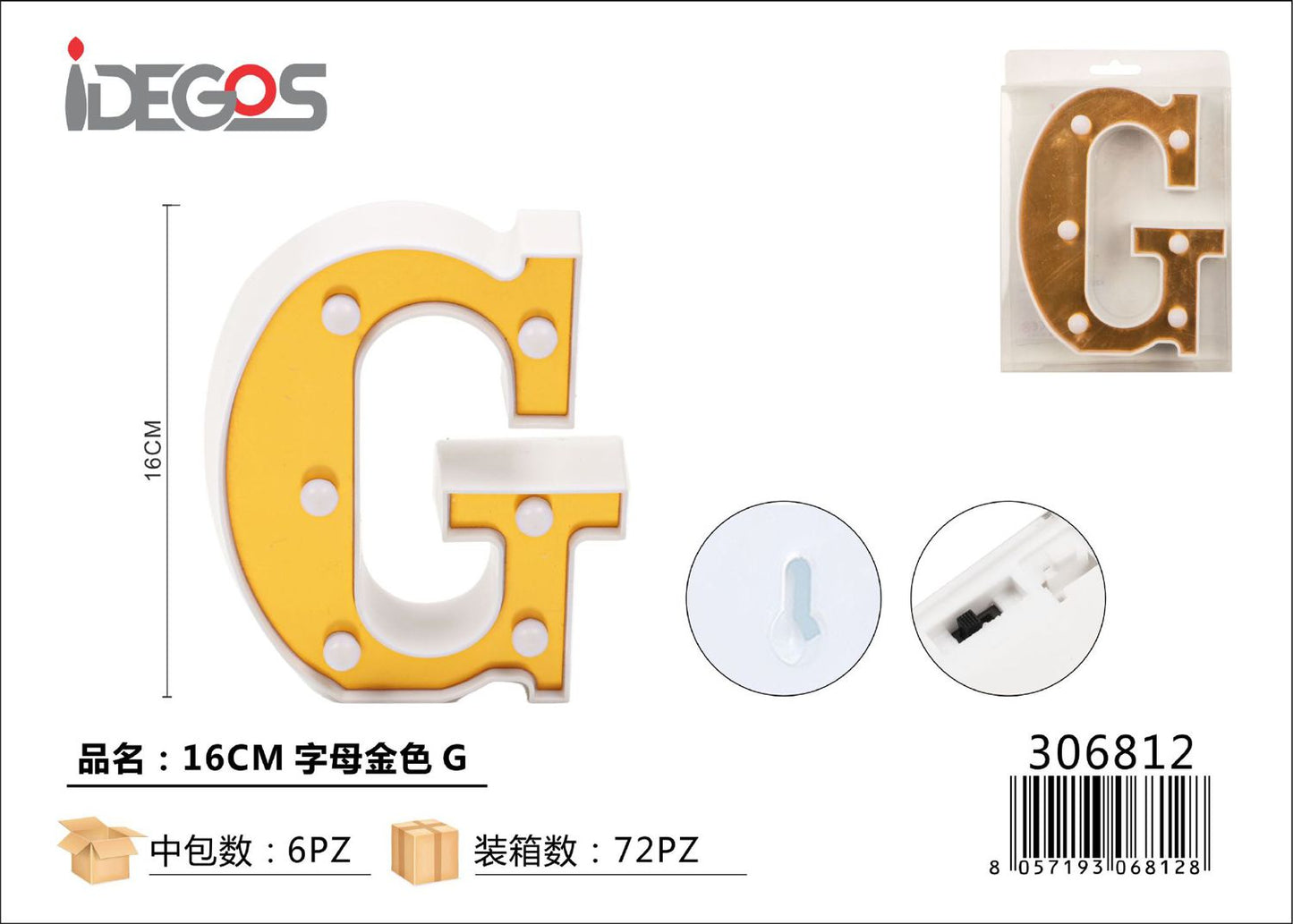 LETTERE CON LUCI LED G 16CM ORO