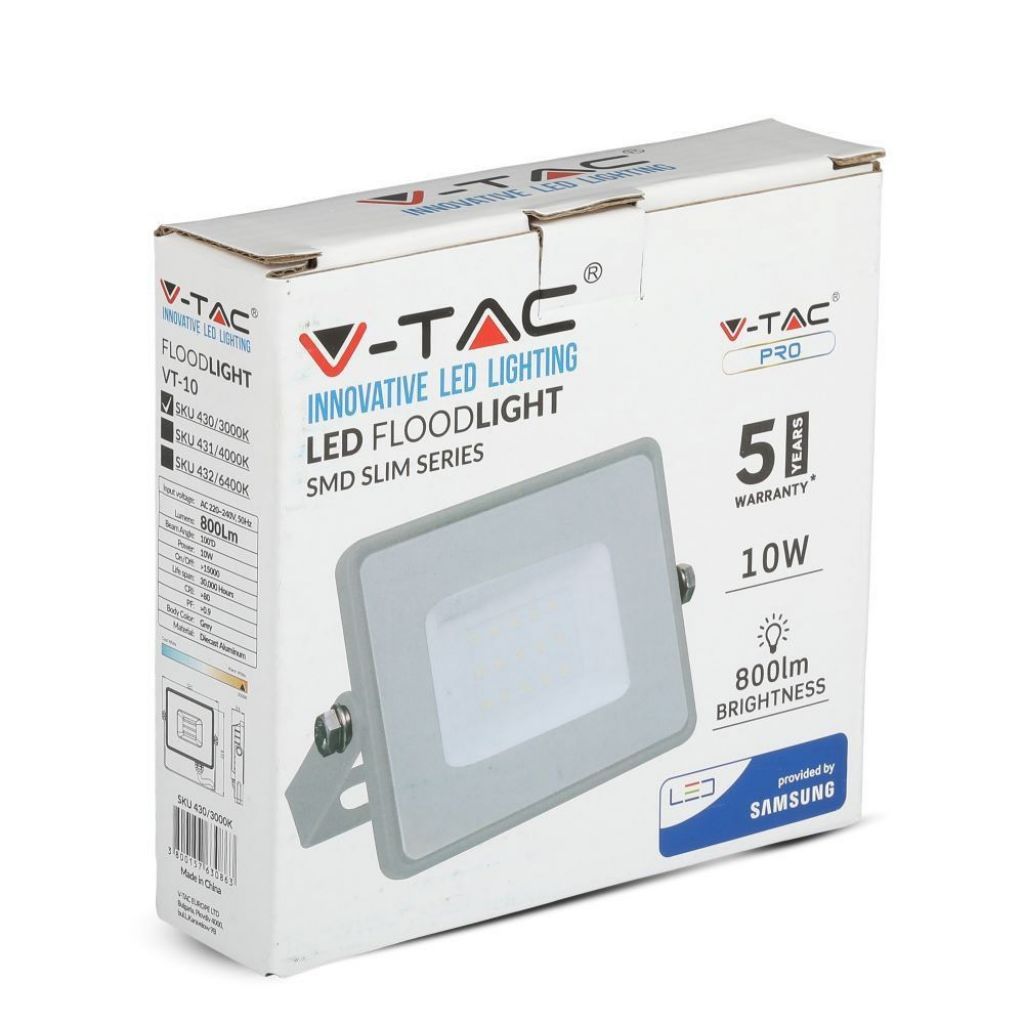 V-TAC PRO Faro LED SMD Chip Samsung 10W Colore Grigio 3000K IP65