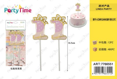 *DECORAZIONE PER TORTA 1+COMPLEANNO ROSA 2PZ