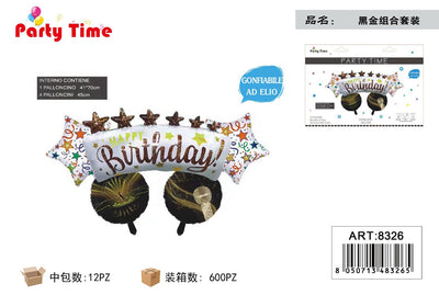 *set palloncino ' happy birthday' nero oro