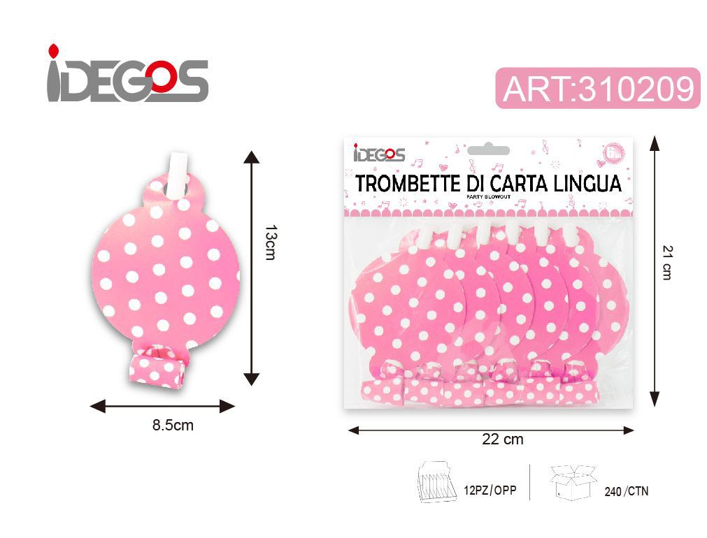 ACCESSORI FESTA TROMBETTA CARTA LINGUA LUNGO CARTA CON PUNTINI 6PZ ROSA