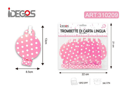 ACCESSORI FESTA TROMBETTA CARTA LINGUA LUNGO CARTA CON PUNTINI 6PZ ROSA