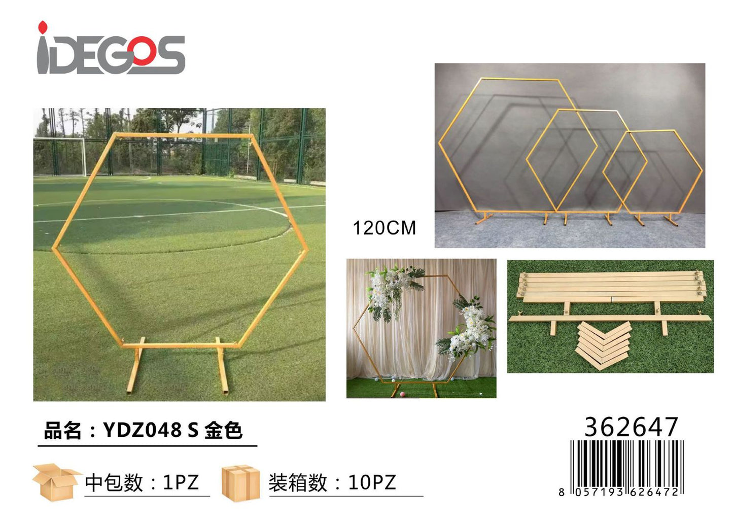 SUPPORTO ESAGONALE AD ARCO IN FERRO ORO 120CM