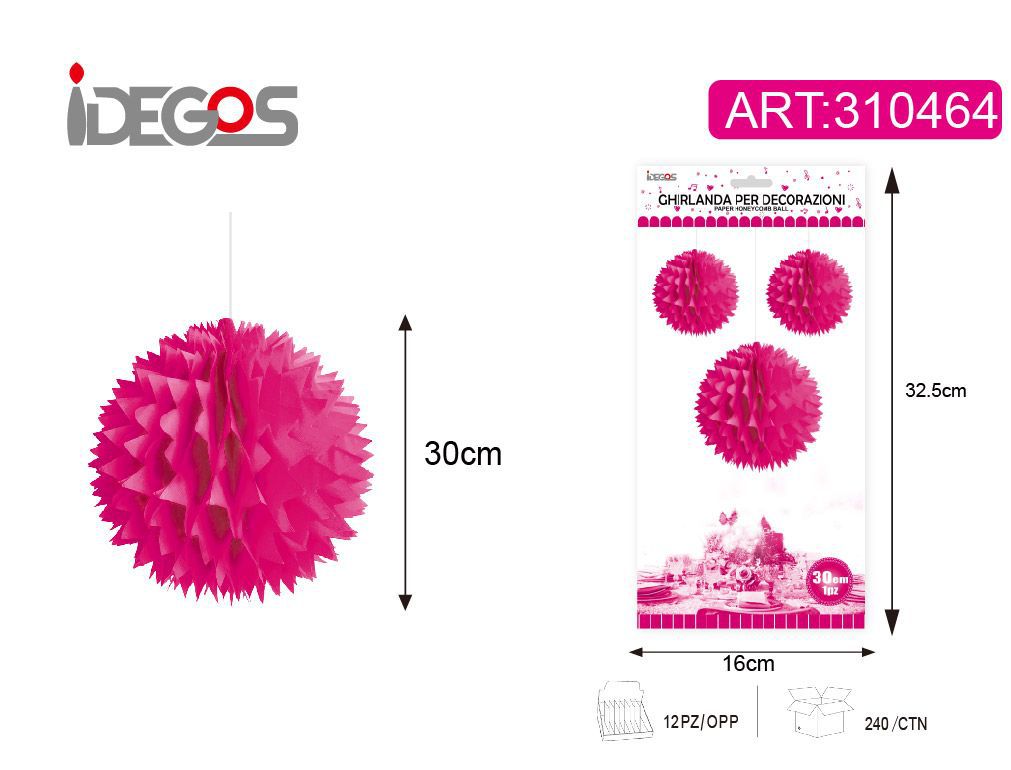 ACCESSORI FESTA SFERA DI CARTA TONDO SPINOSO MAGENTA 30CM 30G SOTTILE